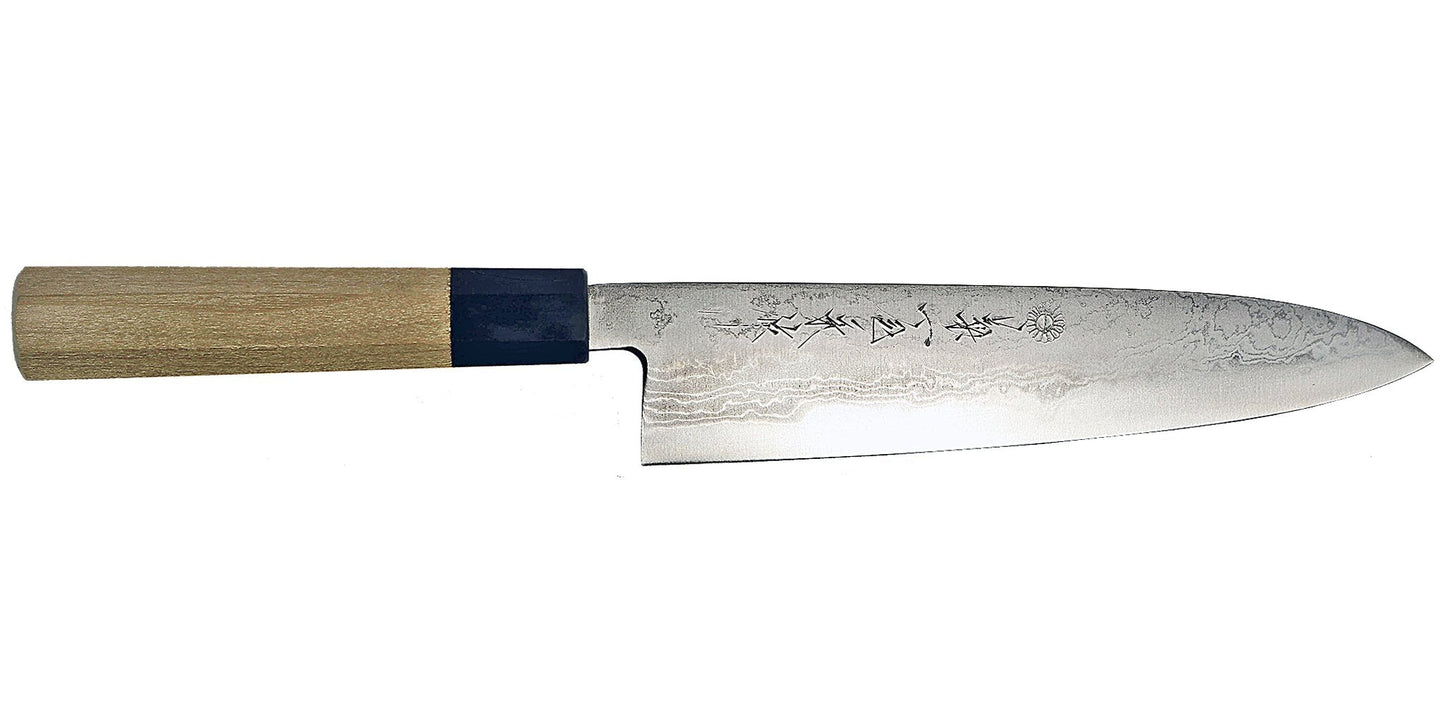 Kikuichi Cutlery Gold Kokaji Blue Carbon #2 Damascus gyuto with Japanese magnolia handle. Available in 21 cm.