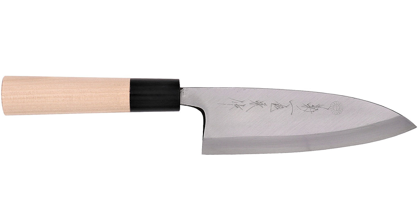 Kikuichi Cutlery Kasumi Series Deba. Traditional Japanese boning knife for fish made of white #2 carbon steel. Available in sizes 10 cm, 12 cm, 13 cm, 15 cm, 18 cm, 19 cm, 21 cm, and 24 cm.