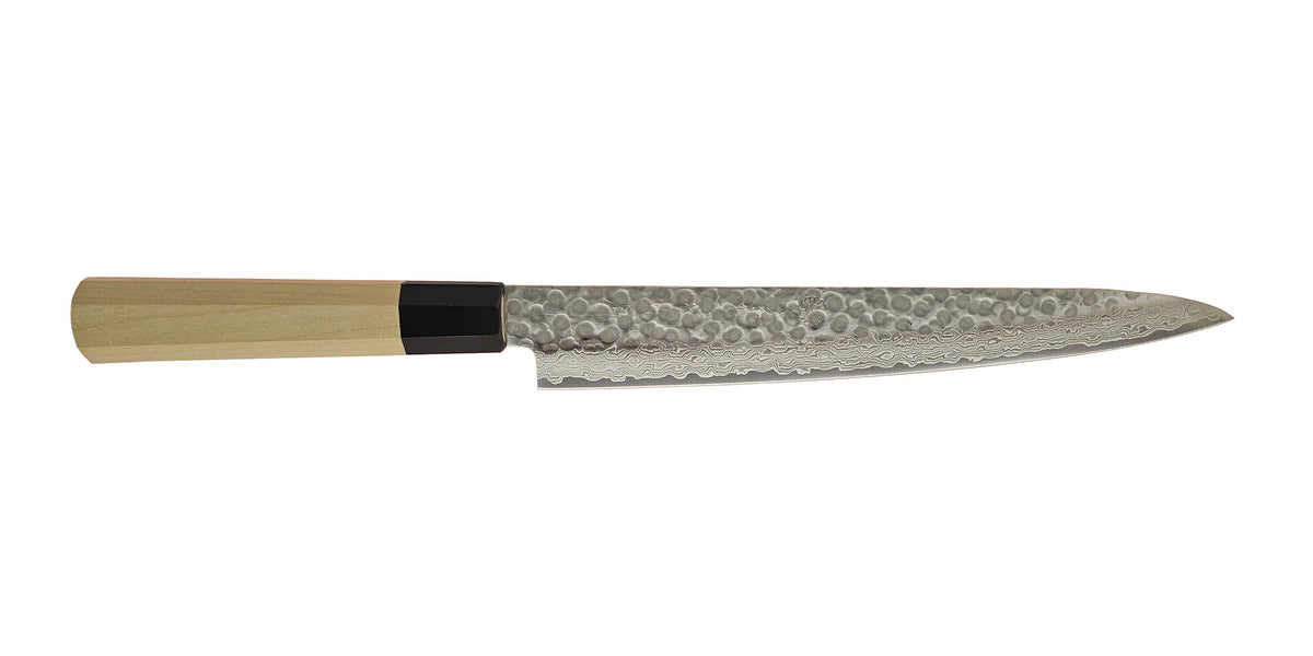 NWDT Nickel Warikomi Damascus Tsuchime Sujihiki w/ Ho-wood handle