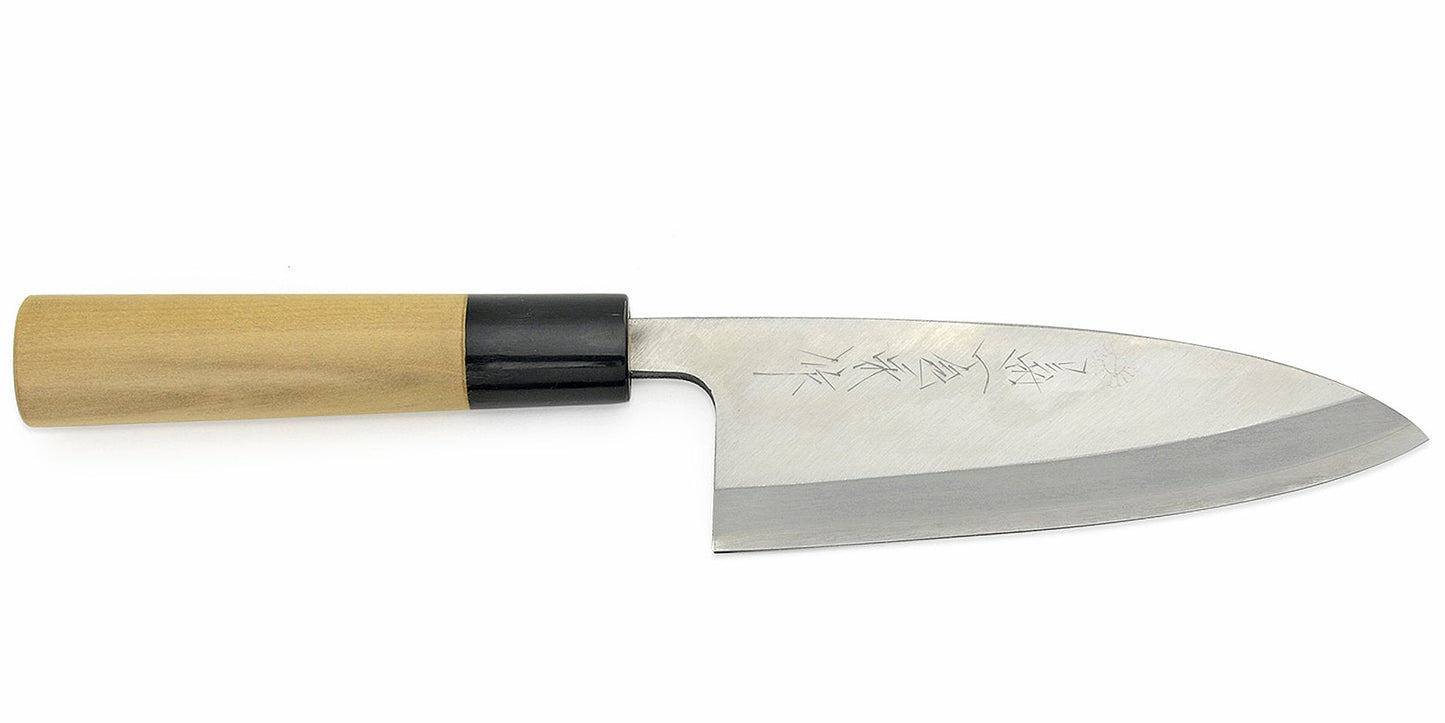 Kikuichi Cutlery Elite Warikomi Gold (WH Series) Deba. Traditional Japanese boning knife for fish made of AUS8 stainless steel. Available in sizes 15 cm and 18 cm.