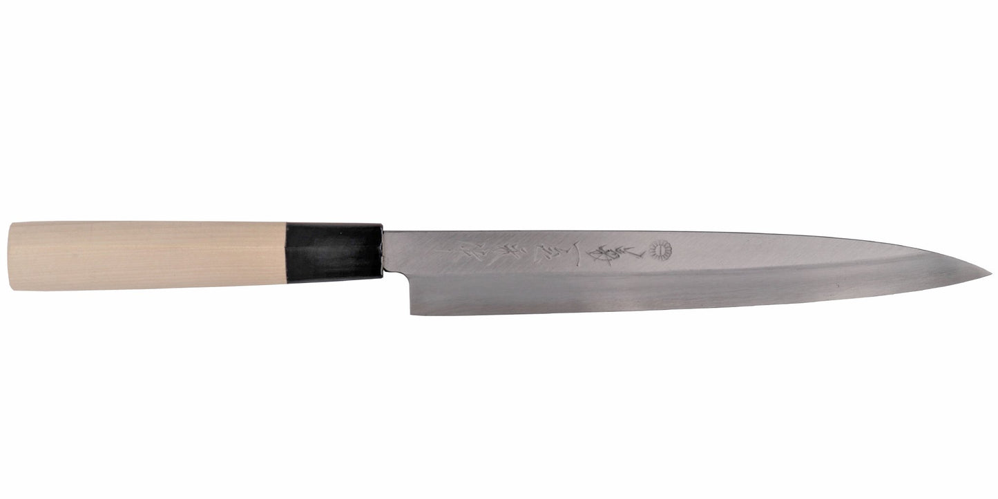 Kikuichi Cutlery Kasumi Series Yanagi. Sashimi knife made of white #2 carbon steel. Available in sizes 21 cm, 24 cm, 27 cm, 30 cm, and 33 cm.