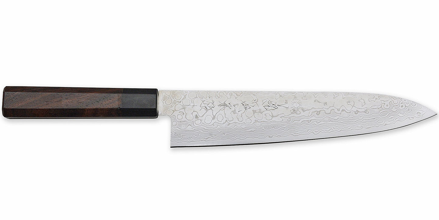 Kikuichi Cutlery Nickel Warikomi Damascus (NWD Series) Gyuto. Chef's knife available in sizes 21 cm and 24 cm.