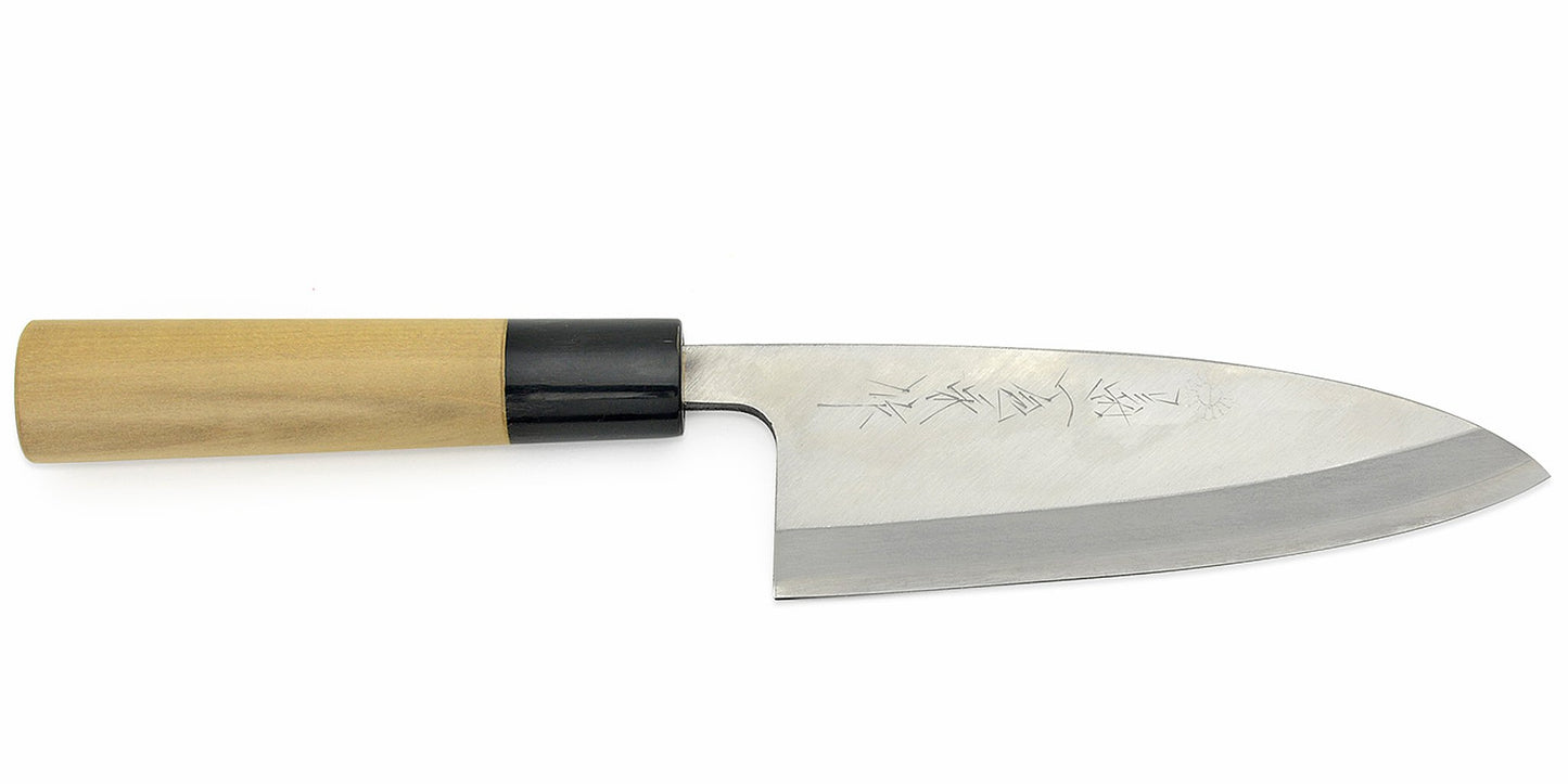 Kikuichi Cutlery Elite Warikomi Gold (WH Series) Deba. Traditional Japanese boning knife for fish made of AUS8 stainless steel. Available in sizes 15 cm and 18 cm.