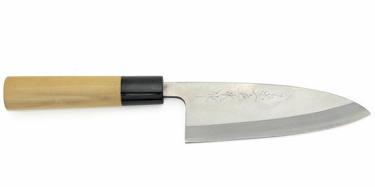 Kikuichi Cutlery Elite Warikomi Gold (WH Series) Deba. Traditional Japanese boning knife for fish made of AUS8 stainless steel.  Available in sizes 15 cm and 18 cm.