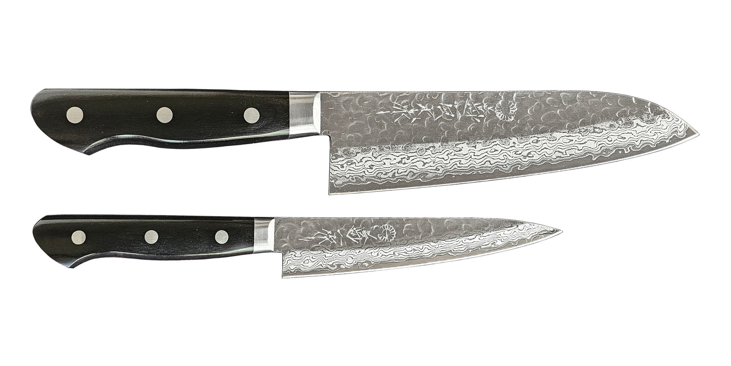 YSP Series Warikomi Damascus Tsuchime Petty & Santoku set