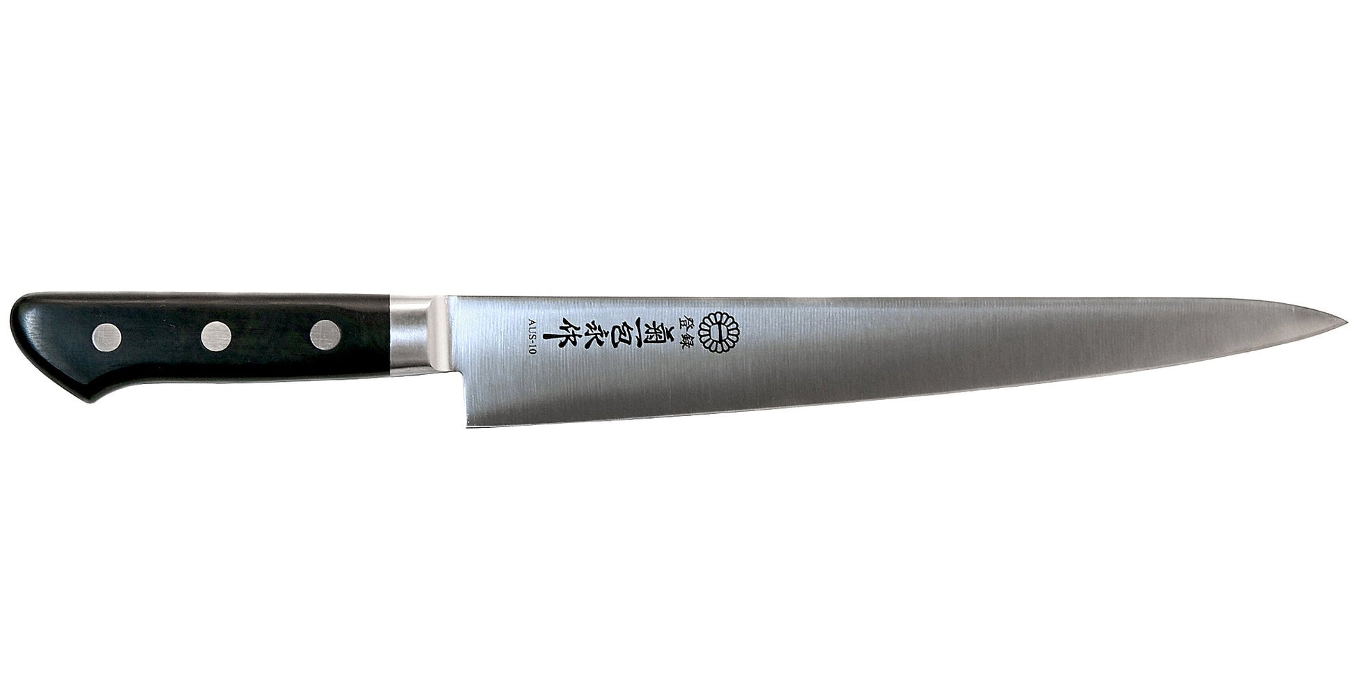 Kikuichi Cutlery Molybdenum Stainless Steel Sujihiki. Slicing knife available in sizes 24 cm and 27 cm.