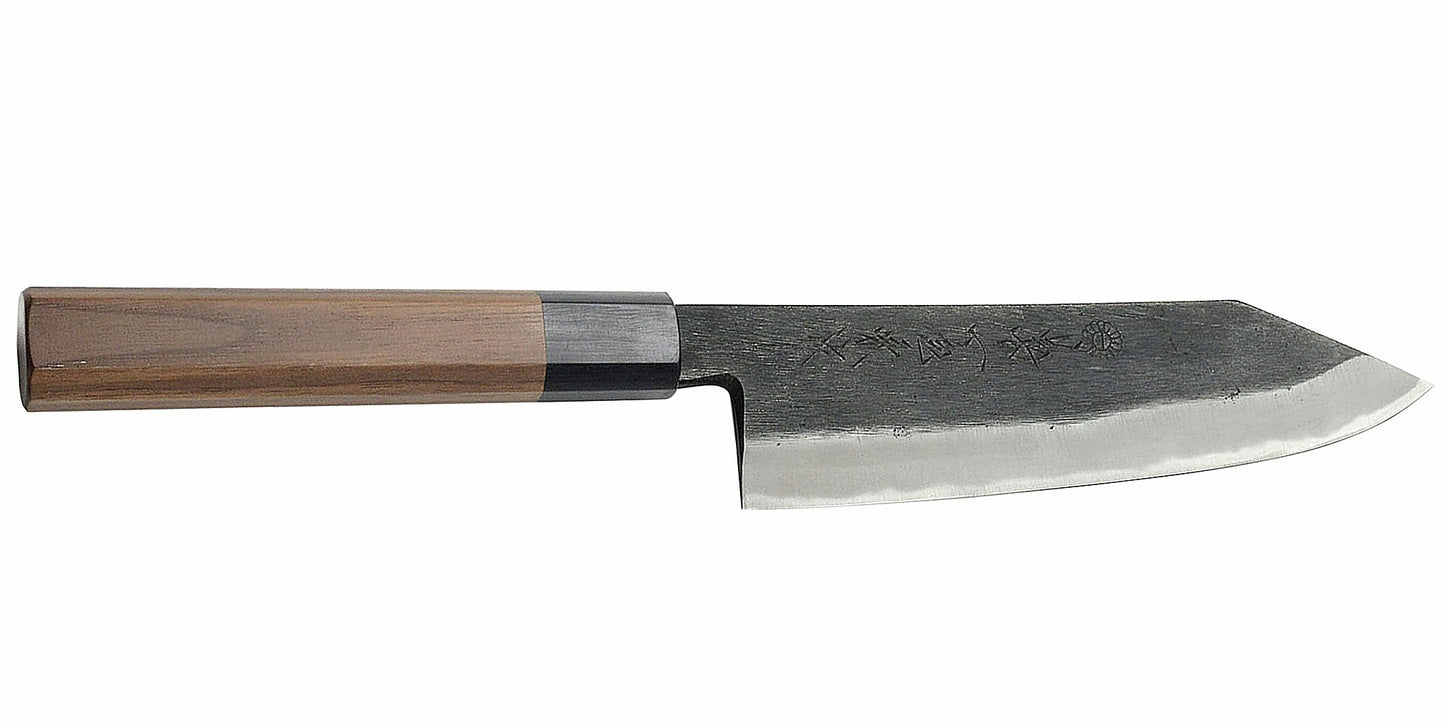 Kikuichi Cutlery KURO Series Kurouchi Carbon Steel Clad Santoku. All purpose knife available in 18 cm.