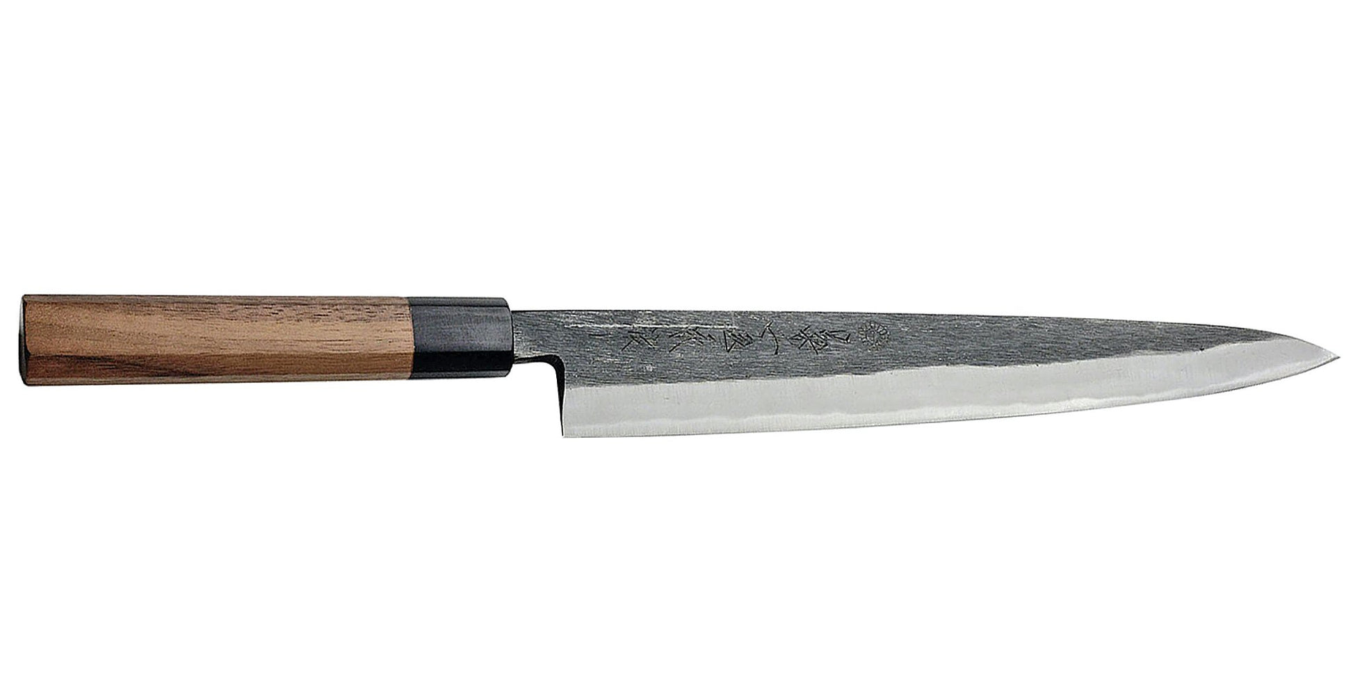 Kikuichi Cutlery KURO Series Kurouchi Carbon Steel Clad Sujihiki. Slicing knife available in 27 cm.