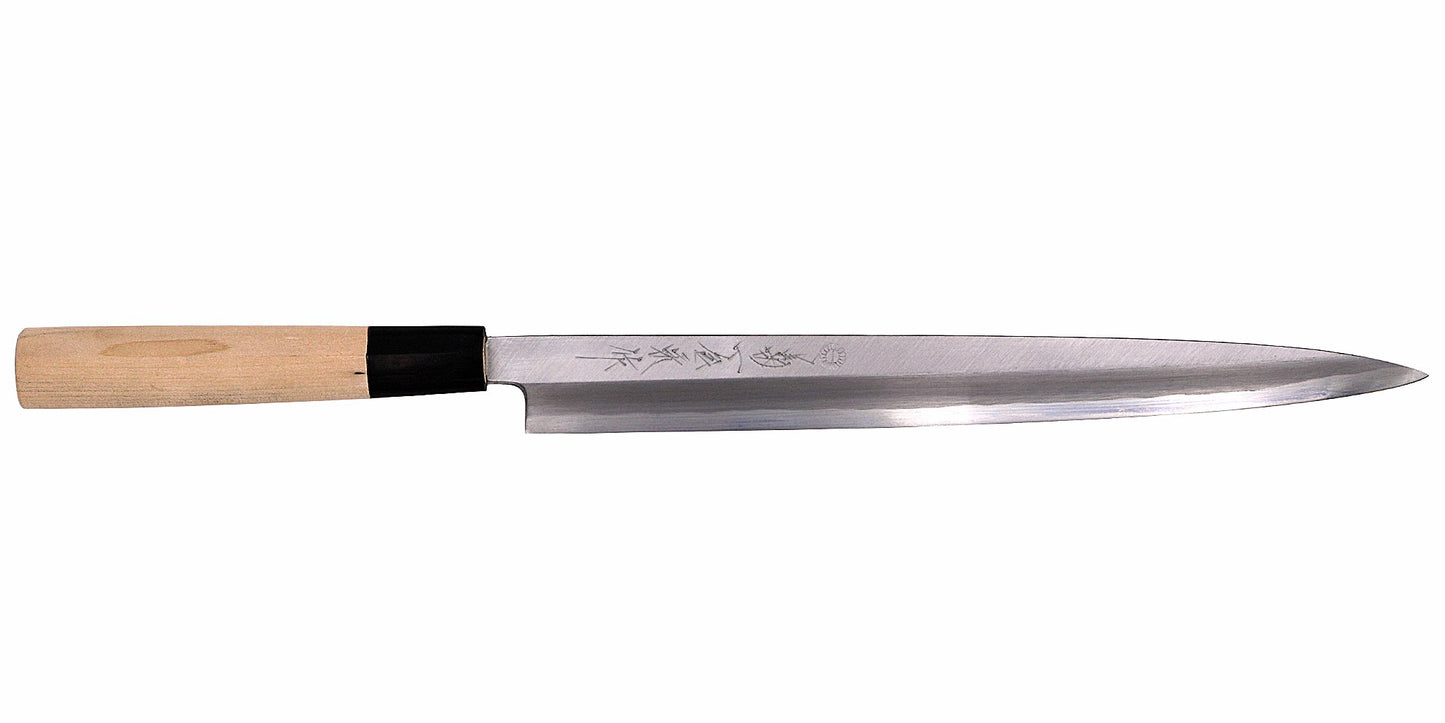 Kikuichi Cutlery Kasumi Series Fuguhiki. Fugu and sashimi knife made of white #2 carbon steel.  Available in sizes 24 cm, 27 cm, 30 cm, 33 cm, and 36 cm.