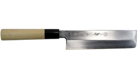 Kikuichi Cutlery Kasumi Series Usuba. Vegetable knife made of white #2 carbon steel.  Available in sizes 15 cm, 18 cm, 19 cm, and 21 cm.