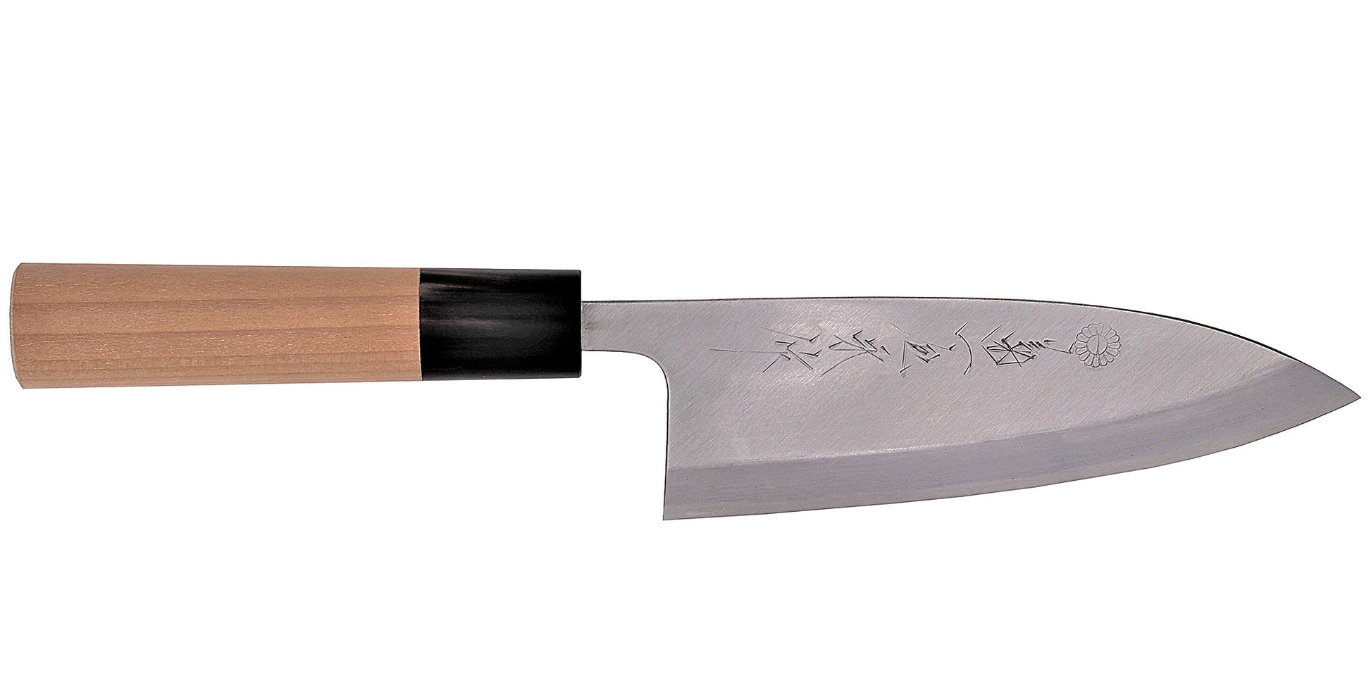 Kikuichi Cutlery Kasumitogi Series Deba. Traditional Japanese boning knife for fish made of white #3 carbon steel.  Available in sizes 10 cm, 12 cm, 13 cm, 15 cm, 18 cm, 19 cm, 21 cm, and 24 cm. 