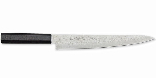 Kikuichi Cutlery Nickel Warikomi Damascus (NWD Series) Sujihiki.  Slicing knife available in 24 cm.