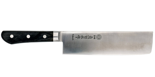Kikuichi Cutlery SEM Series Semi-Stainless Nakiri. High carbon stainless steel vegetable knife available in 18.5 cm.