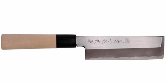 Kikuichi Cutlery Ginsan Stainless Steel Series usuba with ho-wood handle. Traditional Japanese vegetable knife made of Silver 3 stainless steel. Available in sizes 18 cm and 21cm.