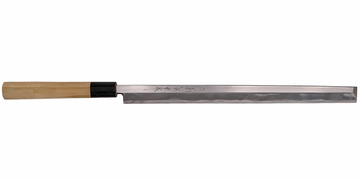 Kikuichi Cutlery Tatsutogi Series Takohiki. Kanto style sashimi knife made of SK carbon steel.  Available in sizes 21 cm, 24 cm, 27 cm, 30 cm, and 33 cm.