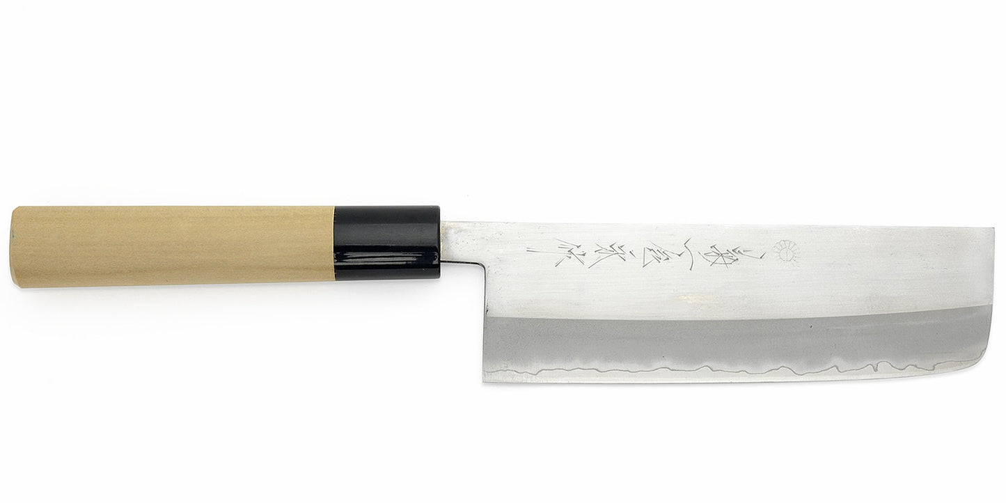 Kikuichi Cutlery Elite Warikomi Gold (WH Series) Nakiri. Double bevel vegetable knife made of AUS8 stainless steel.  Available in 17 cm.