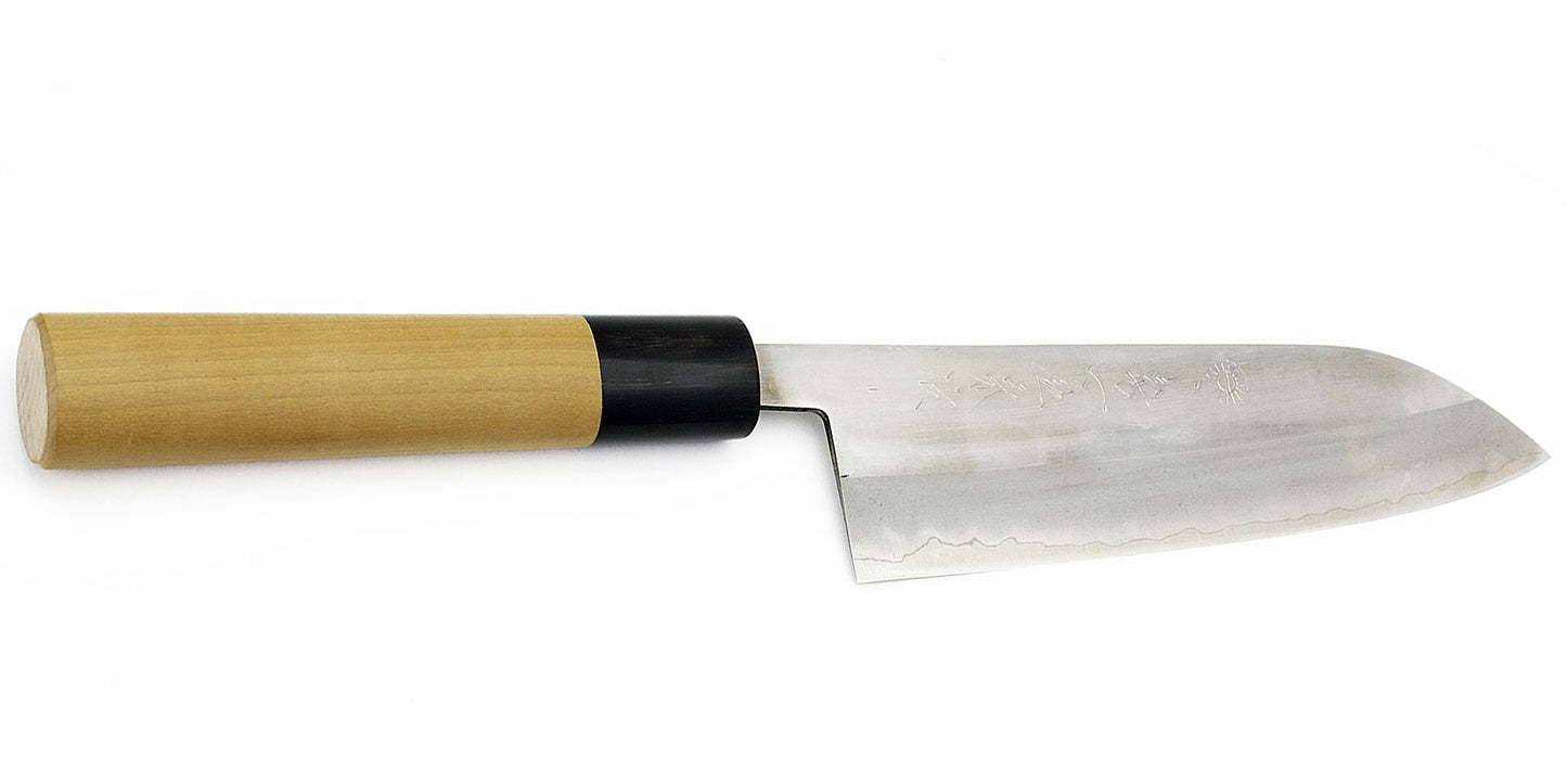 Kikuichi Cutlery Elite Warikomi Gold (WH Series) Santoku. All purpose knife made of AUS8 stainless steel.  Available in 17 cm.