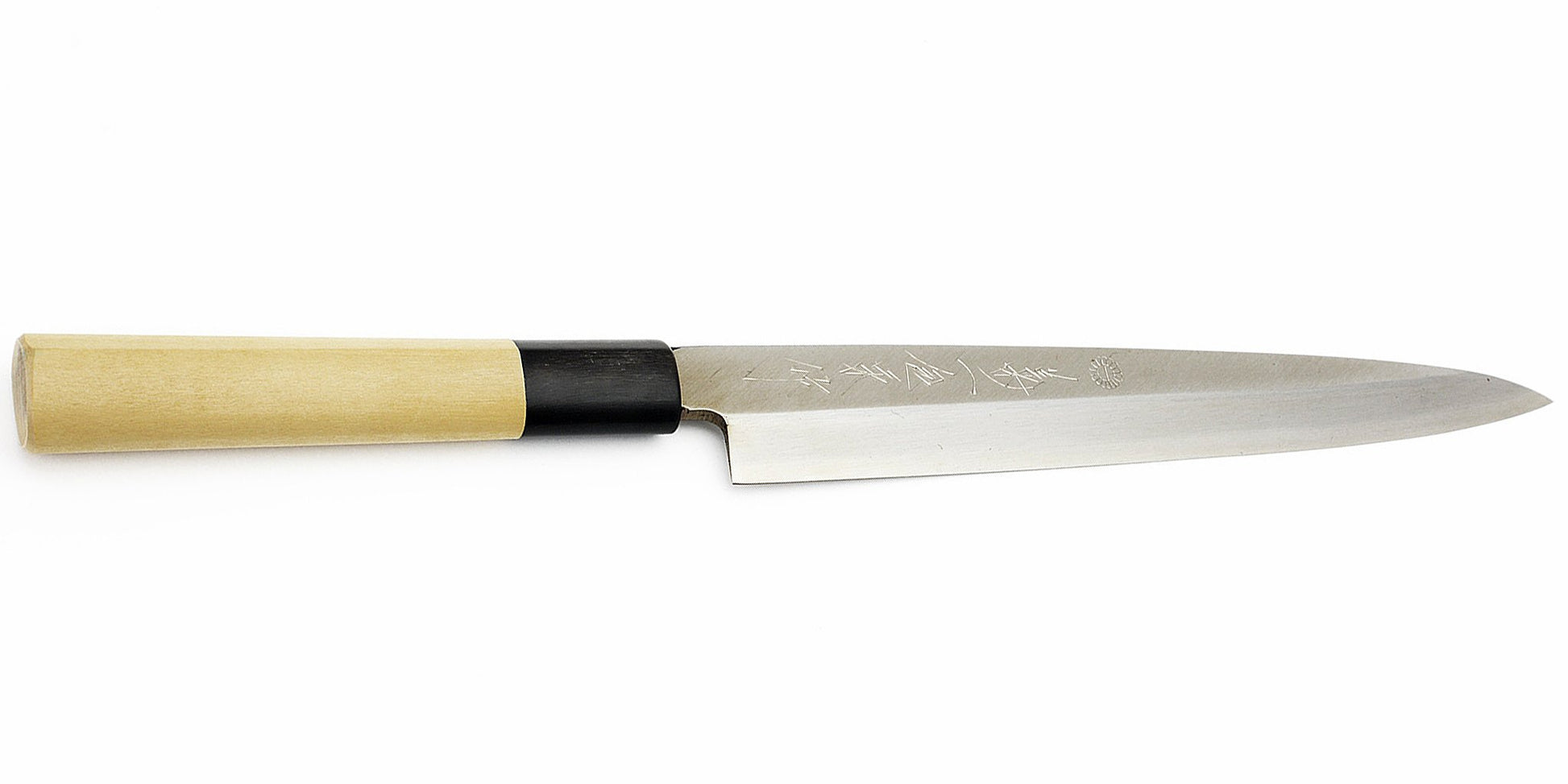 Kikuichi Cutlery Elite Warikomi Gold (WH Series) Yanagi. Sashimi knife made of AUS8 stainless steel.  Available in 21 cm, 24 cm, 27 cm, and 30 cm.